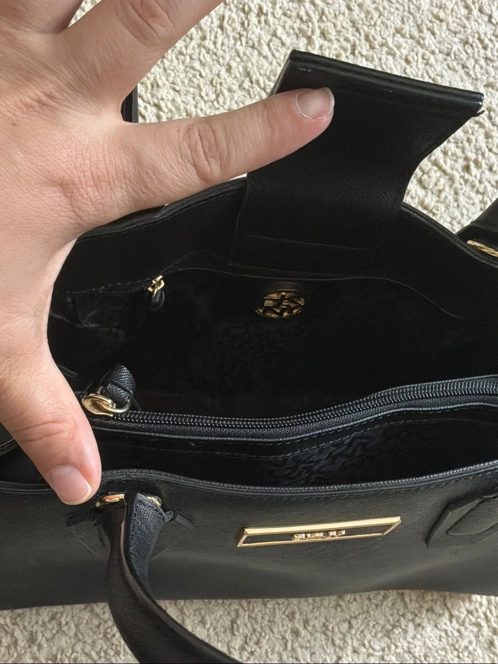 DKNY Black Saffiano Leather Satchel with Gold Hardware